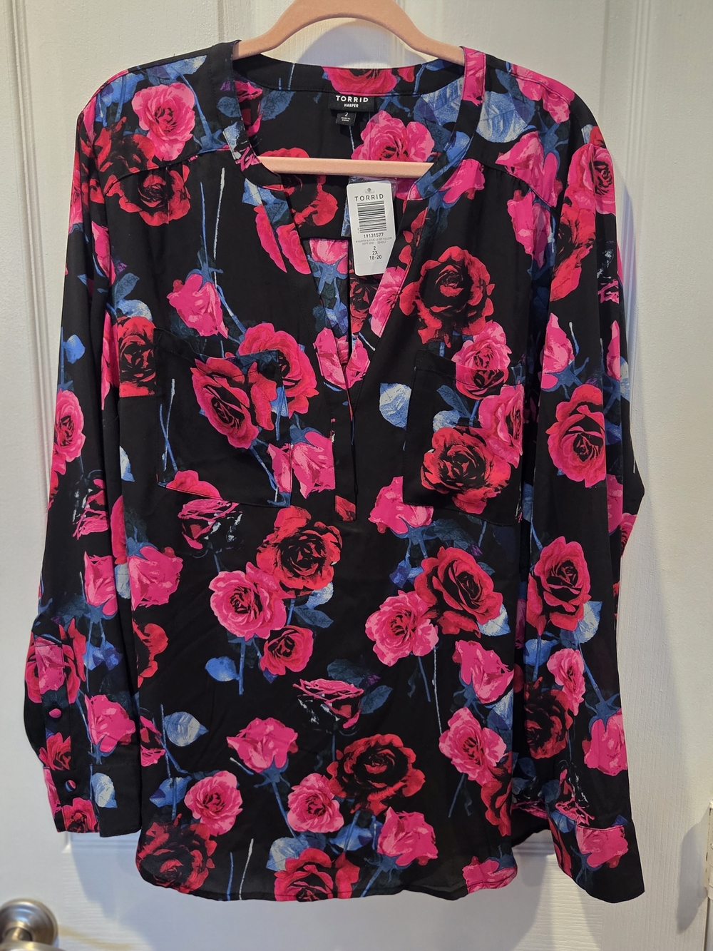 torrid Black Blouse with Bright Pink Rose Print